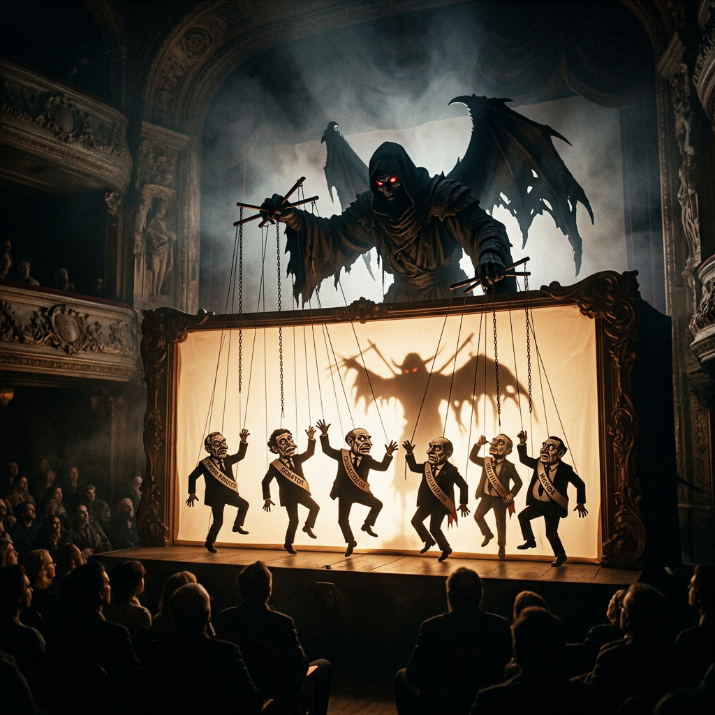 Sinister hooded figure with wings controlling puppet politicians on strings in a theater